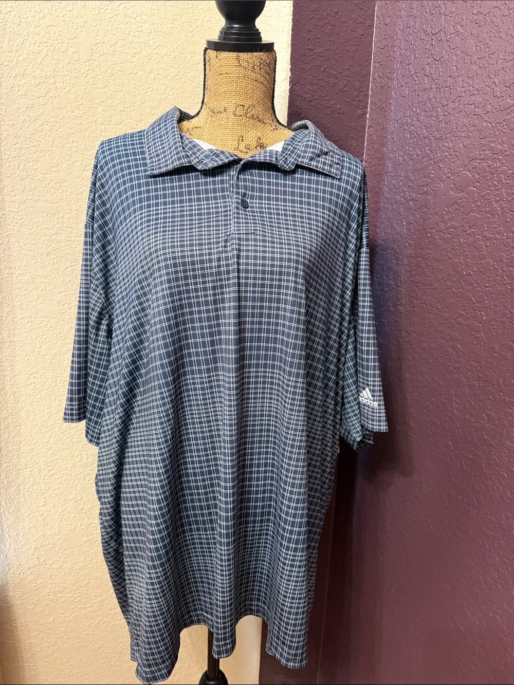 adidas Men's Navy Blue Plaid Short Sleeve Polo
